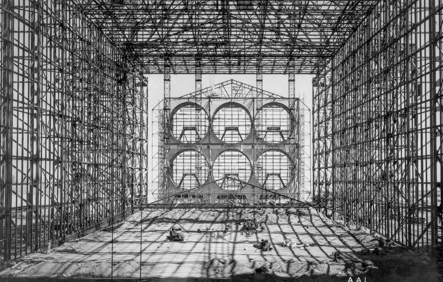 Looking South from inside the diffuser of the 40x80 foot wind tunnel at NACA's Ames Research Center. Construction began in late 1941, the mammoth construction task sorely taxing the resources of the new center. Two and a half years later, in dune 1944, the 40 x 80-foot full-scale tunnel went into operation.