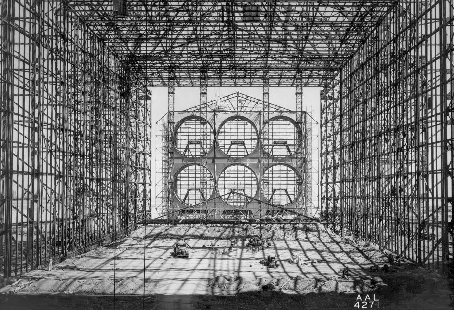 Looking South from inside the diffuser of the 40x80 foot wind tunnel at NACA's Ames Research Center. Construction began in late 1941, the mammoth construction task sorely taxing the resources of the new center. Two and a half years later, in dune 1944, the 40 x 80-foot full-scale tunnel went into operation.