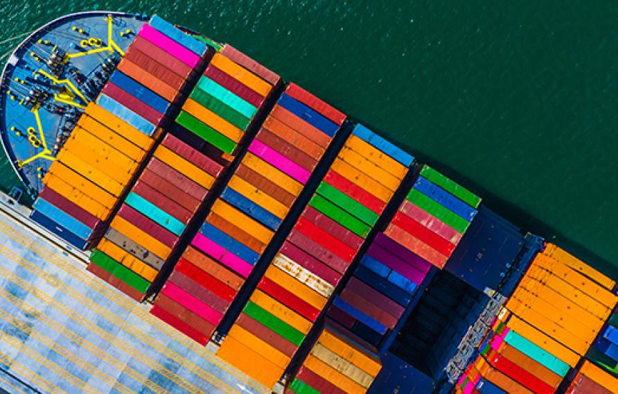 Colorful container ship at a port 