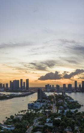 Sunset over Miami, the aerial view from Venetian Islands