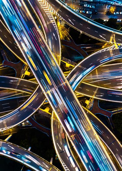 Shanghai highway junction aerial view at night time