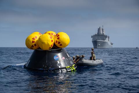 The Crew Module Test Article (CMTA) is seen in the waters of the Pacific Ocean during NASA’s Underway Recovery Test 10 (URT-10). The CMTA is a full-scale mockup of the Orion spacecraft and is used by NASA and its Department of Defense partners to practice recovery procedures for crewed Artemis missions. URT-10 is the first test specifically in support of the Artemis II mission and allowed the team to practice what it will be like to recover astronauts and get them back to the recovery ship safely.