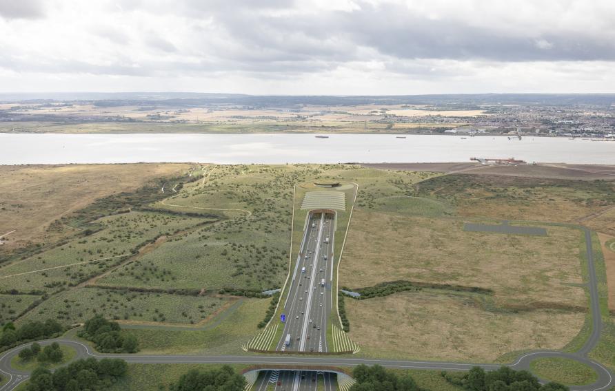 Visualization of Lower Thames Crossing aerial view toward River Thames