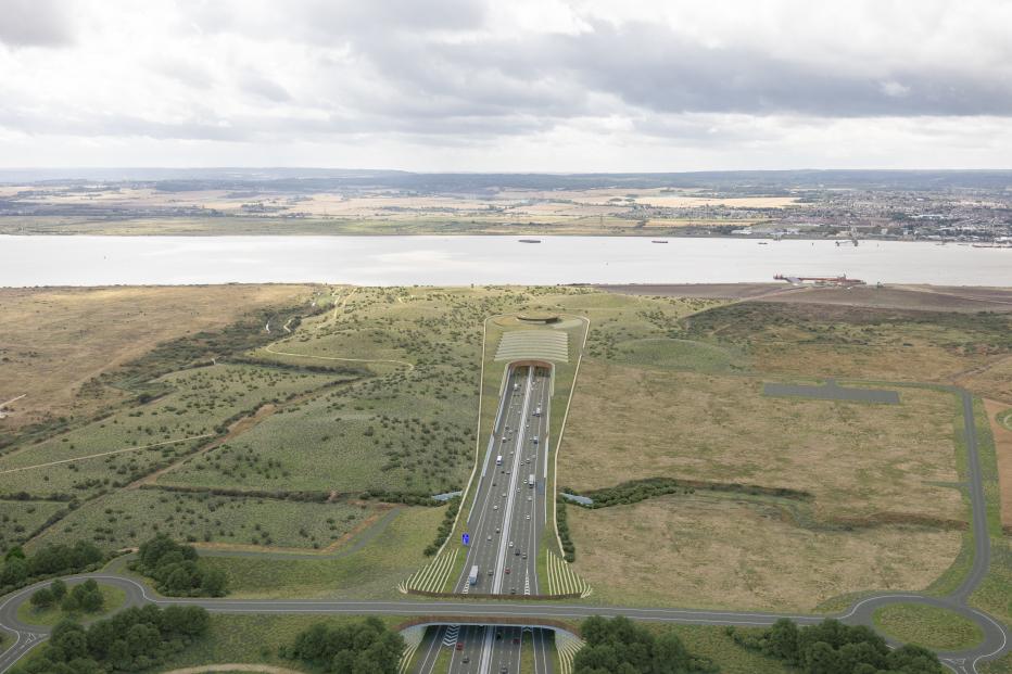 Visualization of Lower Thames Crossing aerial view toward River Thames