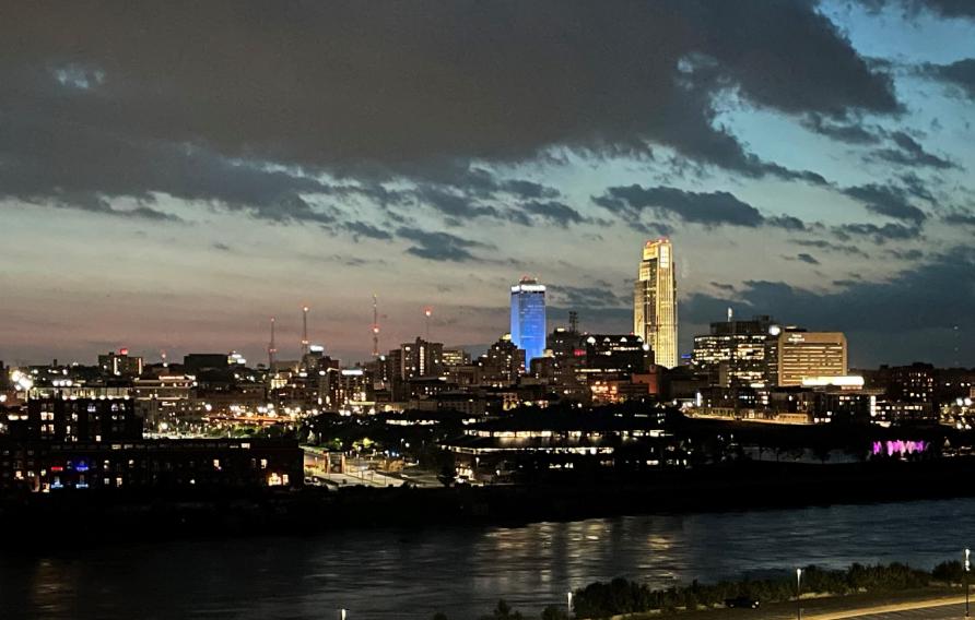 Missouri River through downtown Omaha at night