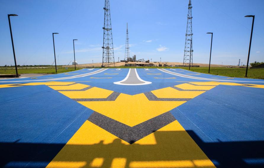 Blue and yellow painted landing strip