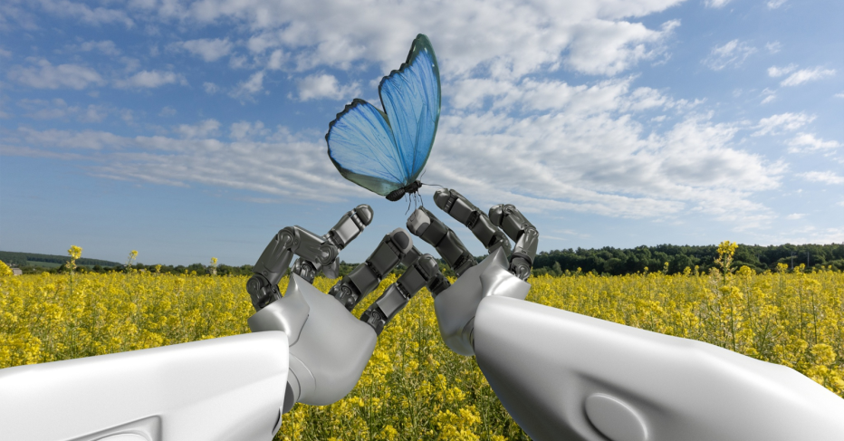 Silver robot arms in a yellow field holding a blue butterfly against a blue cloud filled sky