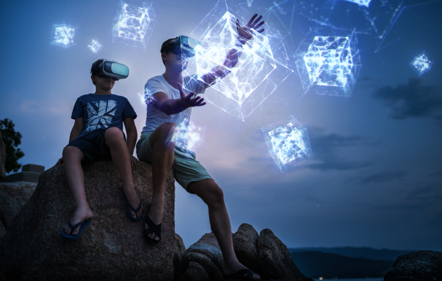 Father and son with virtual reality googles and simulated view